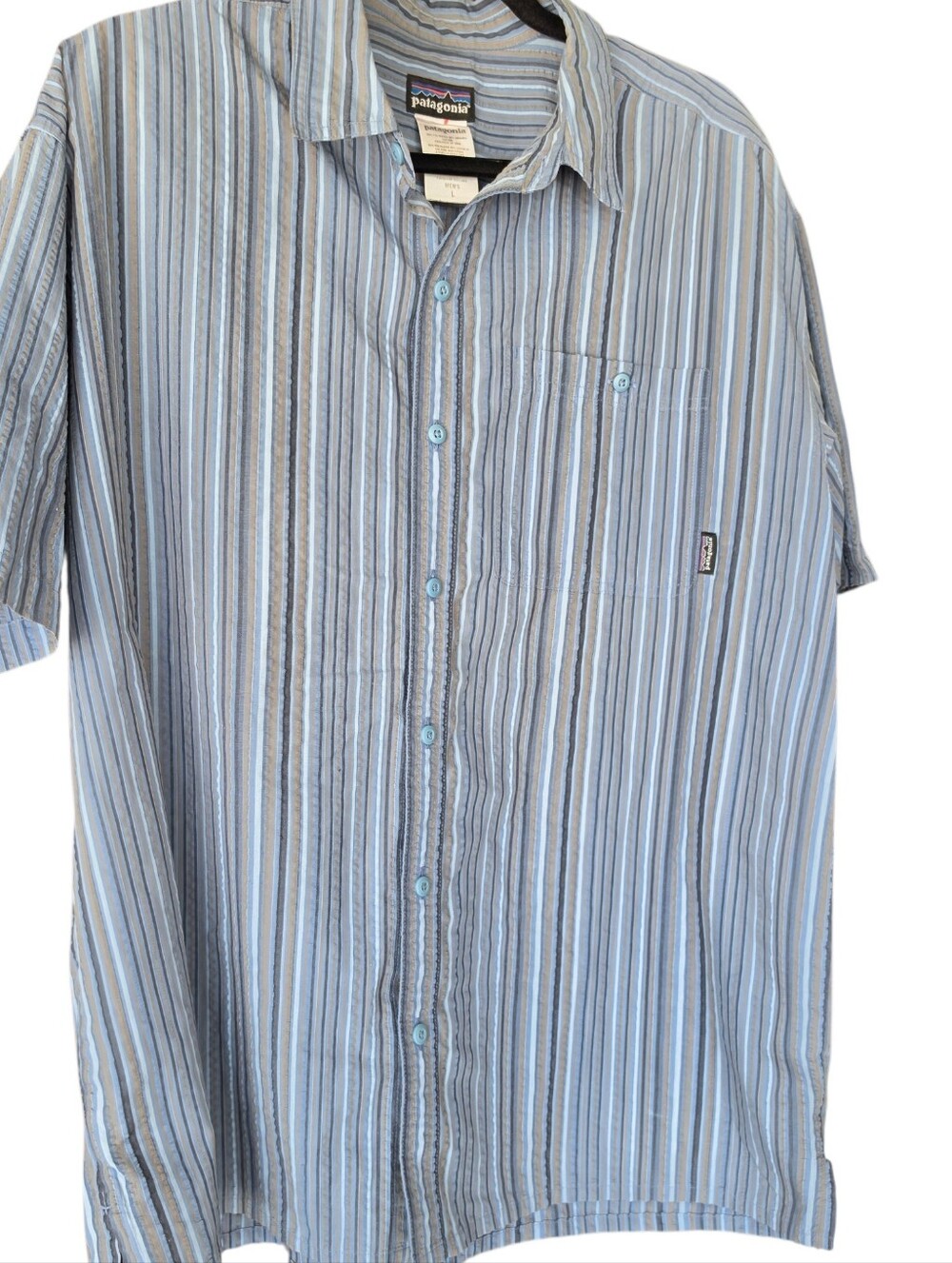 Mens Patagonia Short-Sleeved Organic Cotton Blend Blue Striped Shirt Size Large